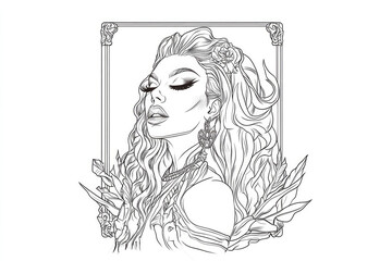A richly detailed side portrait capturing an elegant woman with closed eyes in a serene moment, surrounded by flowing hair and decorative elements inspired by nature.