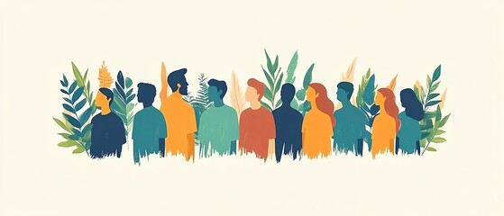 Minimalistic diverse crowd illustration, colorful simple people of all ages and body types on a white background, symbolizing community