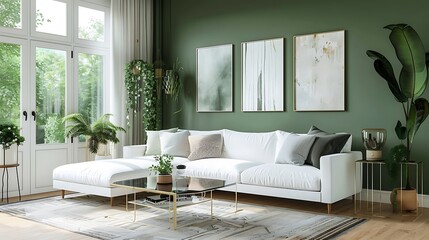 Modern Interior of Stylish Living Room ,Wall Mock Up, Frame , Poster with Beautiful Background, 3d render