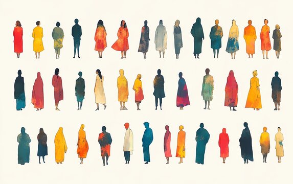 Minimalistic illustration of diverse individuals in colorful, simple shapes, various ages and body types, set on a plain white background for inclusivity