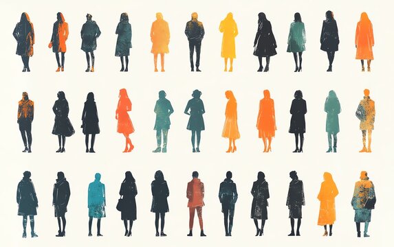 Minimalistic illustration of diverse individuals in colorful, simple shapes, various ages and body types, set on a plain white background for inclusivity