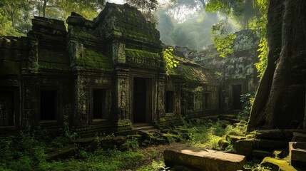 An ancient, overgrown temple with lush greenery and sunlight filtering through trees.