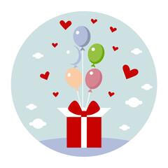 Gift of Love: A red gift box bursts with joy, releasing a cluster of colorful balloons and hearts into a sky filled with clouds.