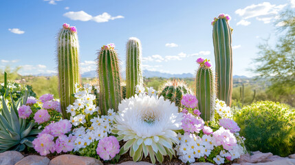 Blooming desert oasis: vibrant cacti and flowers under a clear blue sky