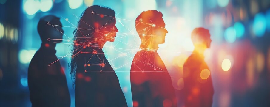 Professional business network with silhouettes of people and social media icons, double exposure on a softly blurred background for modern connectivity theme