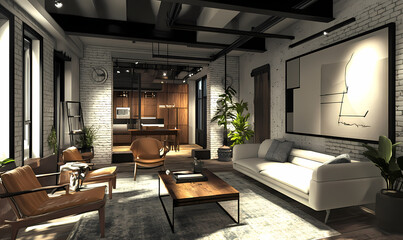 Modern Industrial Living Room:  A sleek and stylish living room with exposed brick, wooden beams, and contemporary furniture creates a chic and inviting space.