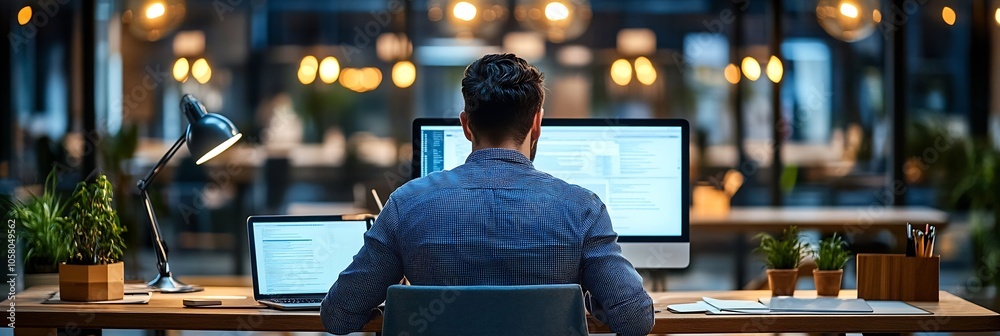 Aufkleber focused software developer working at night in modern office : generative ai