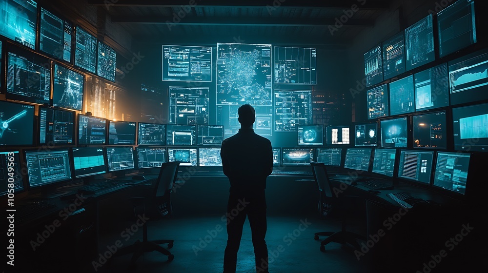 Poster Technology Expert Stands In High-Tech Command Center With Multiple Screens Displaying Complex Data Systems : Generative AI