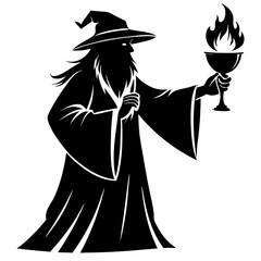 The Ancient One: A silhouette of a wise and powerful wizard holding a flaming chalice, radiating an aura of magic and mystery. Perfect for fantasy, witchcraft, and occult themes. 