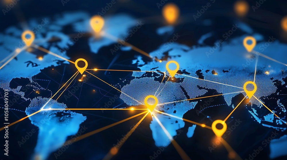 Poster Global Digital Connectivity with Map and Pinpoints in Blue and Orange : Generative AI