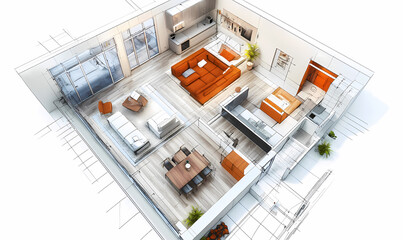 Modern Home Design: A 3D isometric rendering of a contemporary apartment floor plan, showcasing the seamless blend of functionality and aesthetics. The detailed sketch emphasizes open spaces.