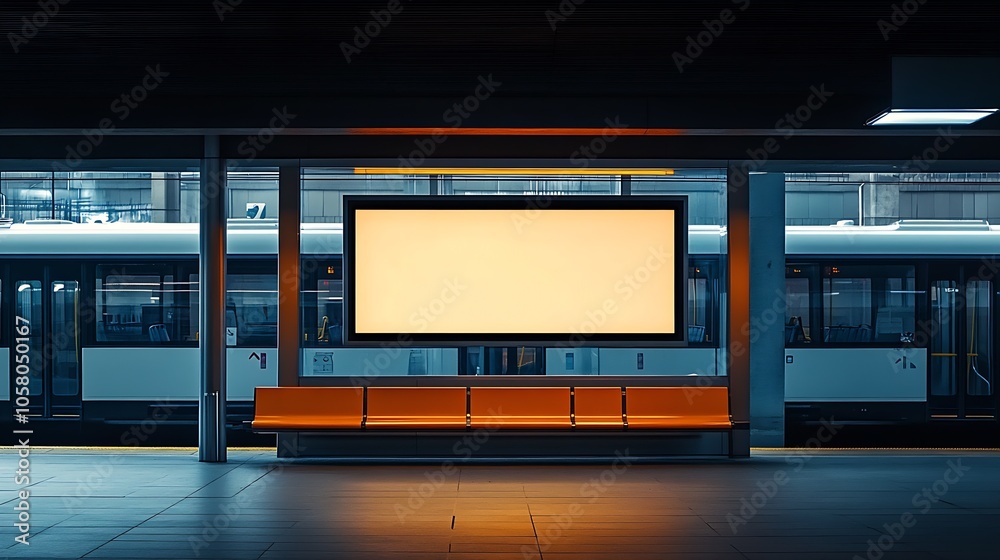 Poster empty modern train station platform with large blank billboard for advertising : generative ai
