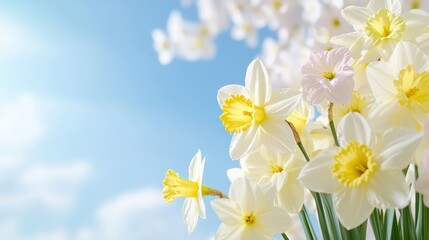 Vibrant daffodils and blossoms against clear blue sky in springtime