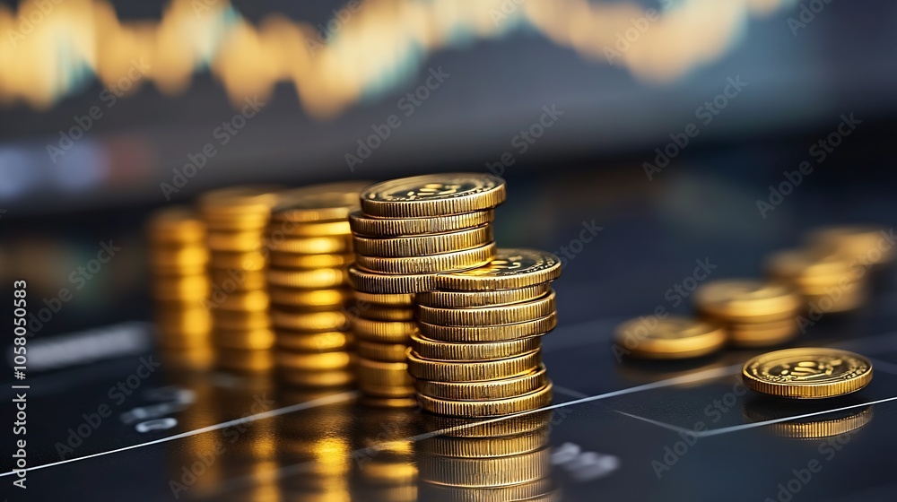 Poster stacks of golden coins on a financial chart displaying growth and investment opportunities : generat