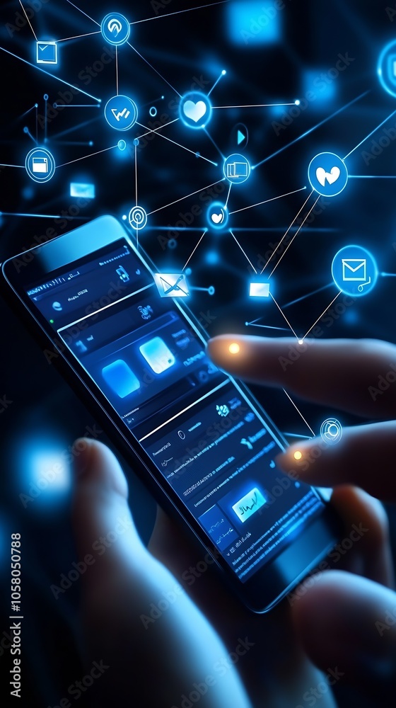 Poster Blue Tech Icons Network on Smartphone Screen for Digital Connectivity : Generative AI