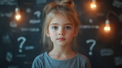 Young girl gazing at glowing lightbulb, concept of curiosity and inspiration, creative childhood, imagination and wonder, learning and educational setting