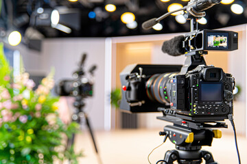 television production set with subtle lighting illuminating the camera and mic setups