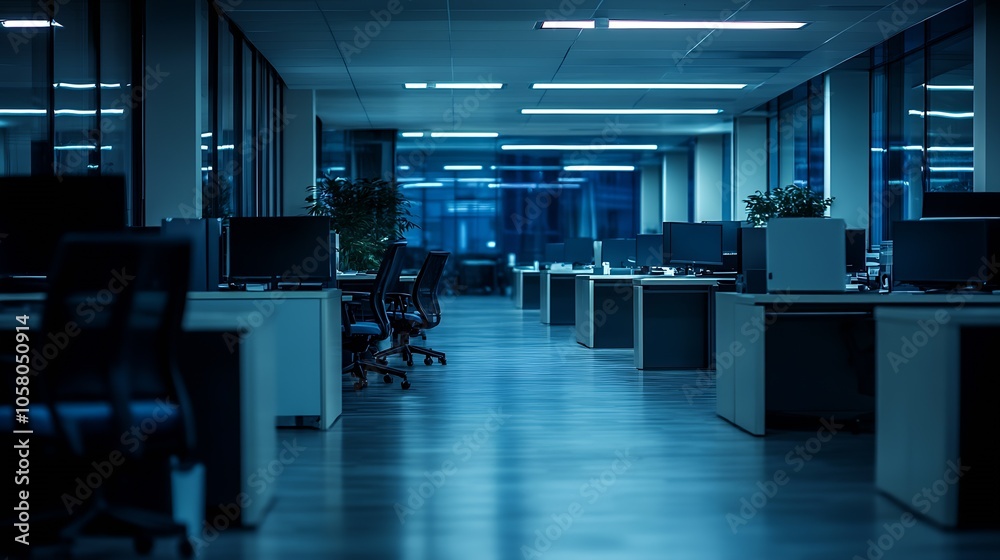 Poster dimly lit open plan office at night with empty desks and chairs for after hours ambience : generativ