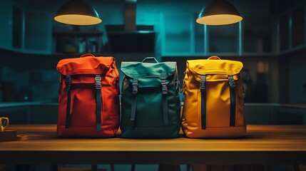 Vivid Trio of Stylish Backpacks in Varied Colors on Wooden Table under Warm Lighting : Generative AI