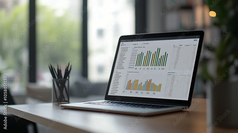 Aufkleber Modern Workspace with Open Laptop Displaying Analytical Charts and Graphs in Office Setting : Generative AI