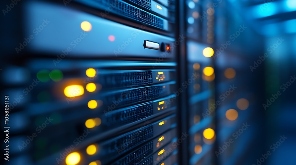 Leinwandbilder close-up of data center network servers with glowing lights in a high-tech facility : generative ai