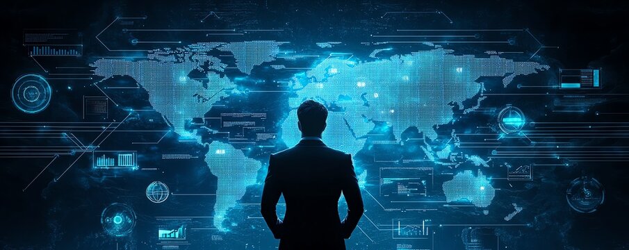 Creative depiction of a businessman presenting a social network connection with a world map and various icons, highlighted by a deep dark backdrop for a business tech concept