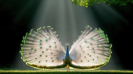Majestic peacock displaying feathers in sunlit forest clearing