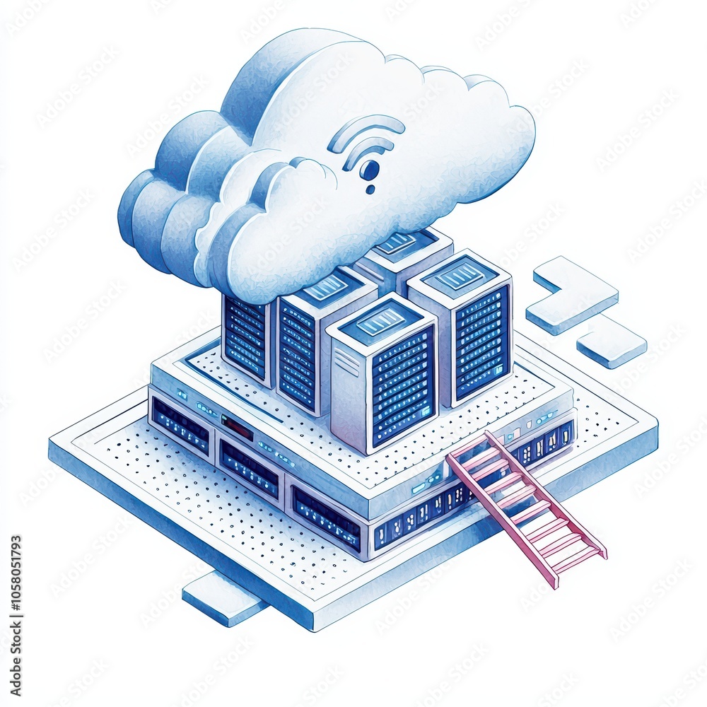 Poster 3d illustration of cloud computing with servers and data connectivity on an isolated background.