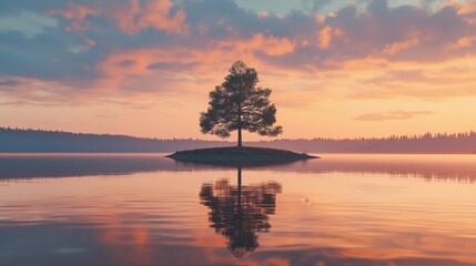 A serene small island featuring a single tree, reflecting in calm waters during sunset.