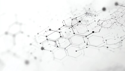 Dynamic perspective of a chemical structure illustrated with hexagons and connecting dots, creating an abstract background for scientific themes on a white surface