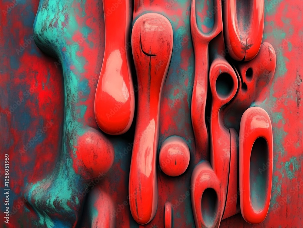 Poster abstract organic red and teal 3d art with fluid forms and vivid colors : generative ai