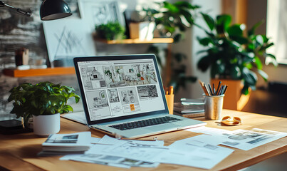 Creative Workspace: A laptop displaying a storyboard, surrounded by sketches and plants, portrays a creative mind at work. The sunlit atmosphere suggests inspiration and productivity. 