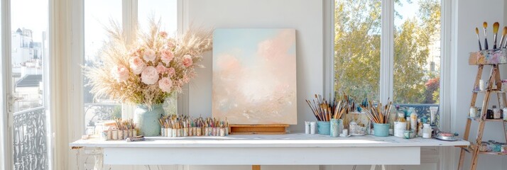 Serene art studio with pastel flowers and landscape painting in bright sunlit room
