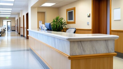 Modern hospital reception desk in a bright, clean corridor, AI