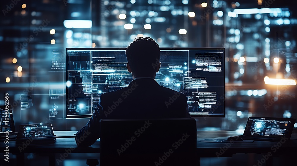Poster Tech Professional Analyzing Data on Multiple Screens in Modern Office at Night : Generative AI