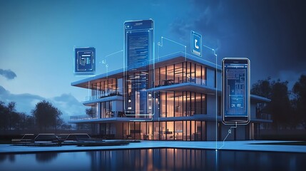 Modern Smart Home Technology Displayed on Luxury Lakeside House at Dusk : Generative AI