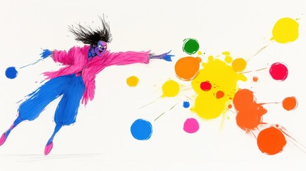 Fototapeta premium Colorful abstract clown in motion with vibrant splashes on white background