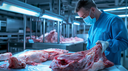 A dedicated worker in blue gear skillfully prepares chicken meat on a busy processing line, showcasing the raw intricacies of food production