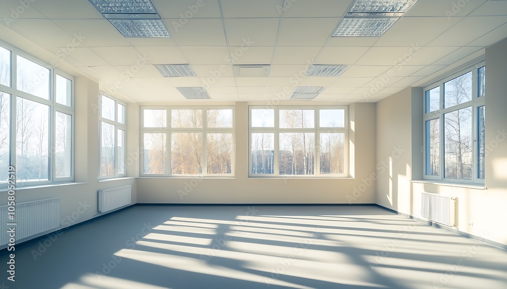 Aufkleber Bright Empty Office Space with Sunlight Streaming Through Large Windows : Generative AI