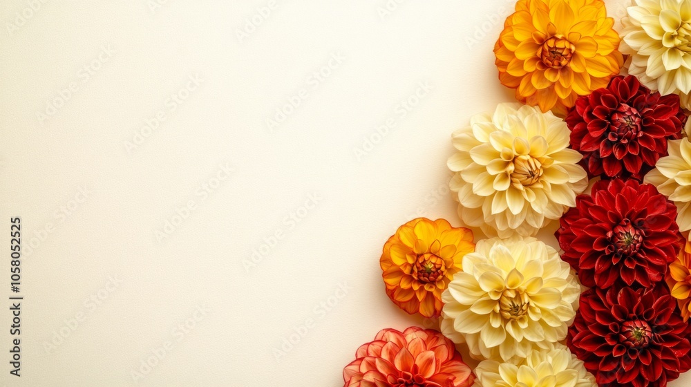 Poster a stunning mix of yellow, orange, and red dahlia flowers forms an artistic display against a soft ba