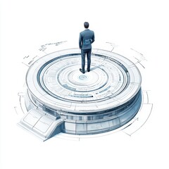 A person standing on a futuristic circular platform with technical blueprints, white isolated background.