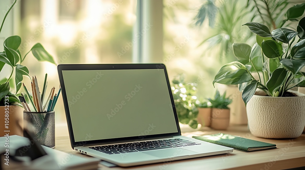 Poster modern work from home setup with laptop and abundant natural light : generative ai