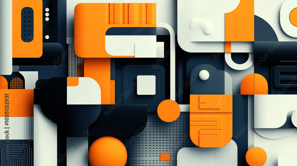 Wall mural abstract geometric composition with overlapping rectangular and circular shapes in orange, navy blue