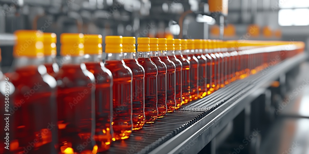 Poster Automated Beverage Production Line with Orange Drink Bottles : Generative AI