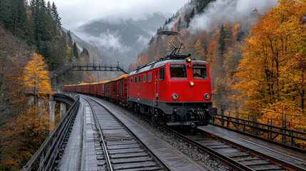 Obraz premium Red train journey through misty autumn forest on rainy day