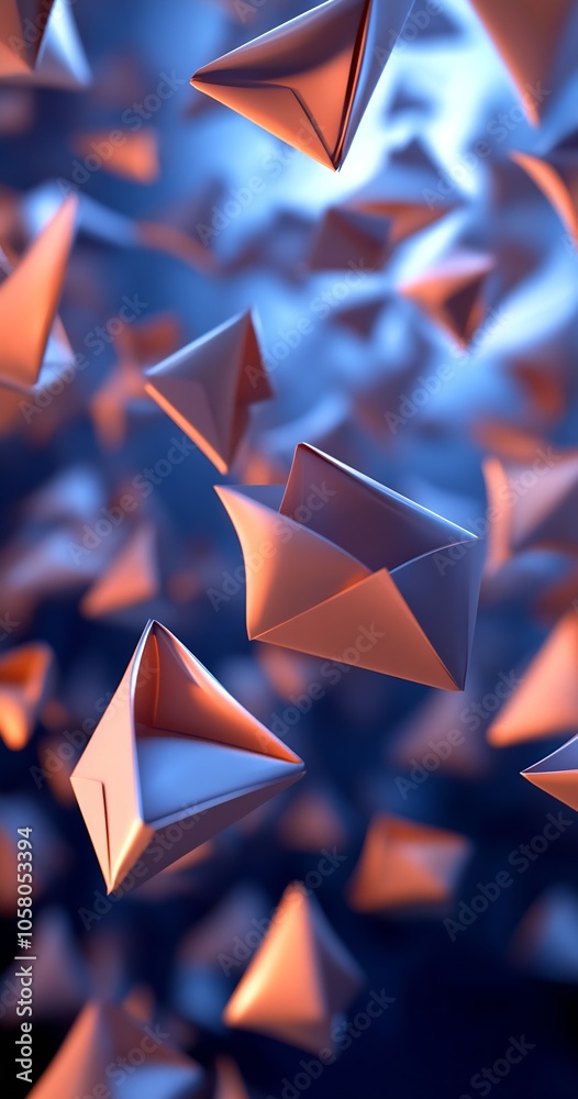 Poster intriguing digital composition of orange and blue envelopes in a surreal flight : generative ai