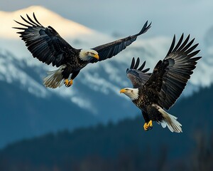 Fototapeta premium Eagles teaching fledglings to fly, mountain peaks background, dramatic sky, natural moment