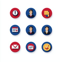 Fototapeta premium Business icons set with professional symbols on colored backgrounds, suitable for corporate themes.