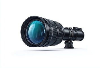 Close-up view of a professional camera lens on a white isolated background.