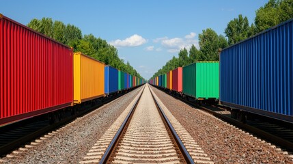 Fototapeta premium Vibrant freight containers on parallel railway tracks in nature landscape